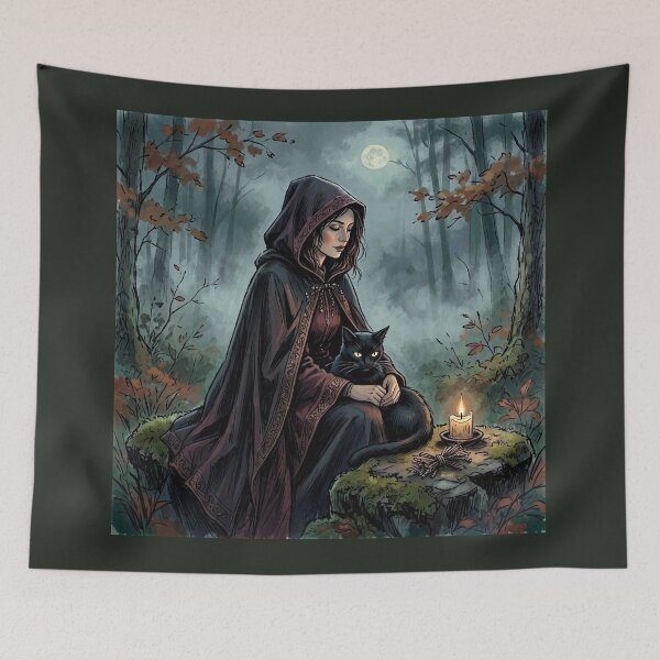 Item preview, Witch with Black Cat Familiar, Gothic Candlelit Forest Art designed and sold by Roberta Calabrese.