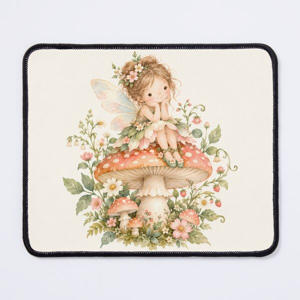 Item preview, Cute Fairy Sitting on Mushroom Watercolor Cottagecore Art designed and sold by looplandger.
