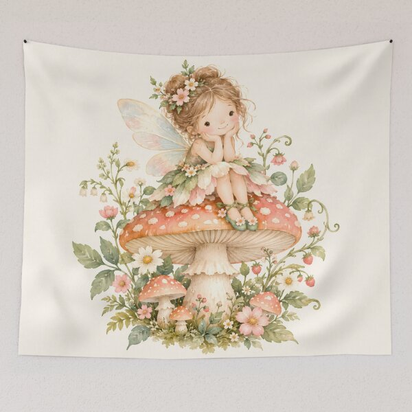 Item preview, Cute Fairy Sitting on Mushroom Watercolor Cottagecore Art designed and sold by looplandger.