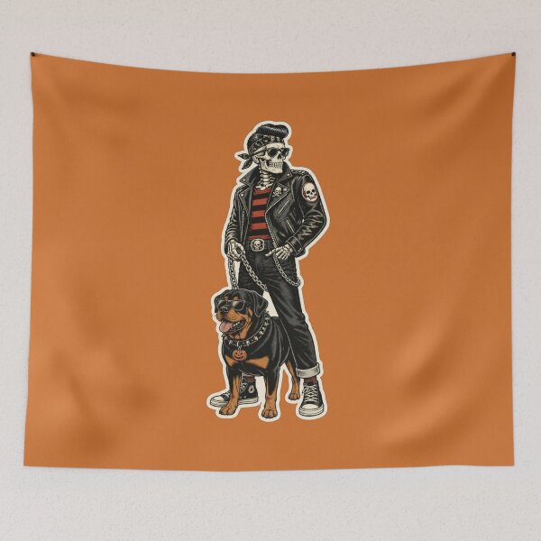 Item preview, Vintage Biker Skeleton Dad Rottweiler Dog Halloween Art designed and sold by gushtera.