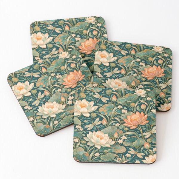 Item preview, Vintage Teal Lotus Dragonfly Botanical Water Garden Pattern designed and sold by Apex Designs.