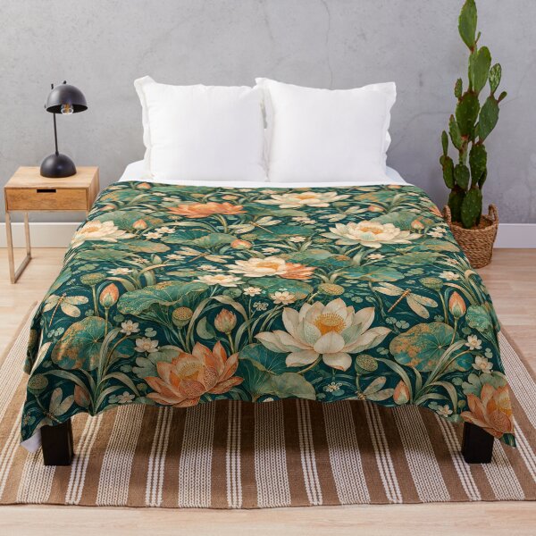 Item preview, Vintage Teal Lotus Dragonfly Botanical Water Garden Pattern designed and sold by Apex Designs.