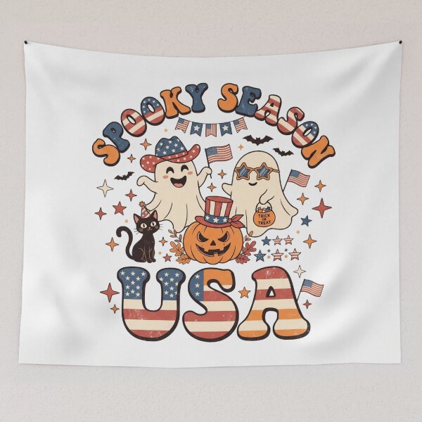 Item preview, Spooky Season USA Patriotic Cute Ghost American Flag Vintage Halloween Design designed and sold by Bhaskar Digital Art.