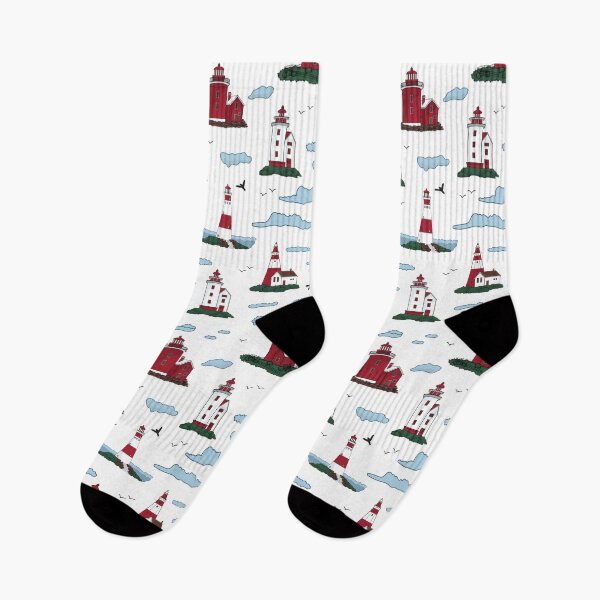 Item preview, Red and white lighthouses, clouds, and birds designed and sold by essskina.