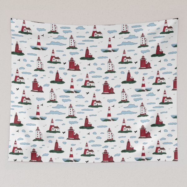 Item preview, Red and white lighthouses, clouds, and birds designed and sold by essskina.