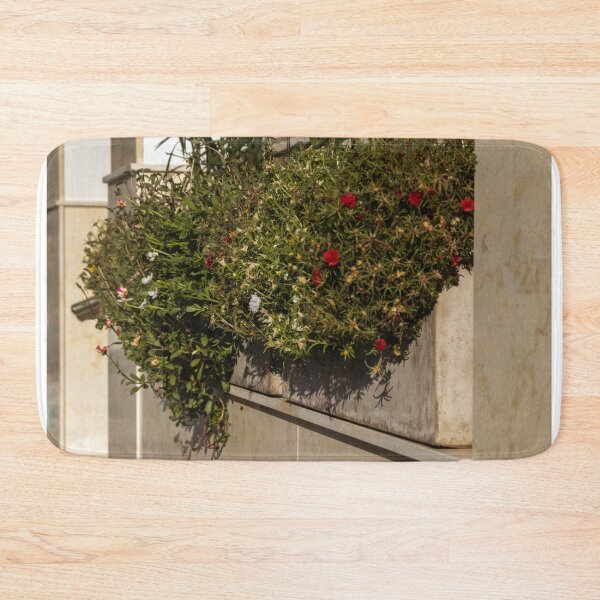 Item preview, Sunlit Window Box Planter With Red Flowers On Stone Ledge Outside Urban Building designed and sold by Nmallia.