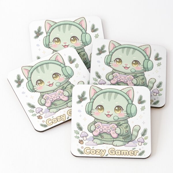 Item preview, Cozy Gamer Cat Mint Green Headset Pink Controller Pastel designed and sold by ReginaNunn.