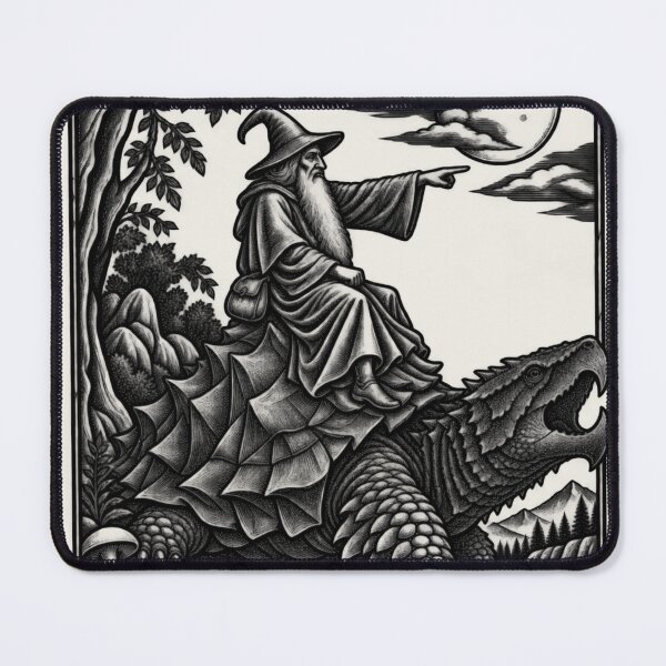 Item preview, Wizard Riding Giant Snapping Turtle Dark - Vintage Fantasy Woodcut Art designed and sold by AmiGraph.