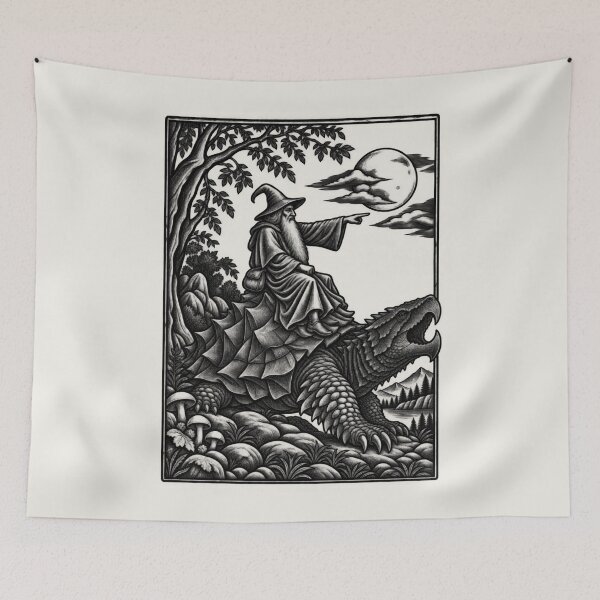 Item preview, Wizard Riding Giant Snapping Turtle Dark - Vintage Fantasy Woodcut Art designed and sold by AmiGraph.