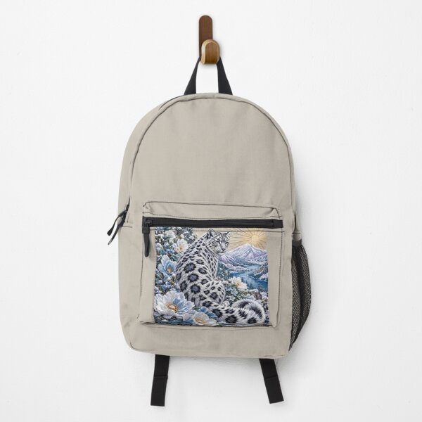 Item preview, Snow Leopard with Blue Flowers and Snowy Mountains – Embroidery Art designed and sold by ManJiangHong.