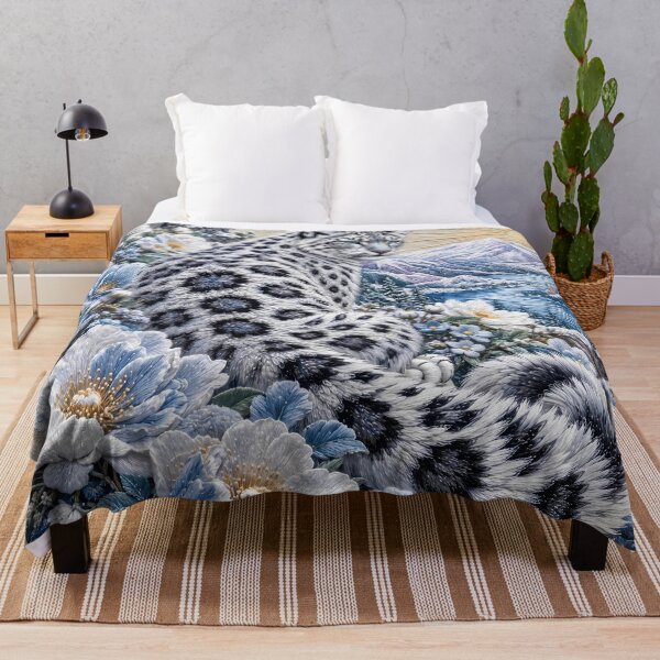 Item preview, Snow Leopard with Blue Flowers and Snowy Mountains – Embroidery Art designed and sold by ManJiangHong.