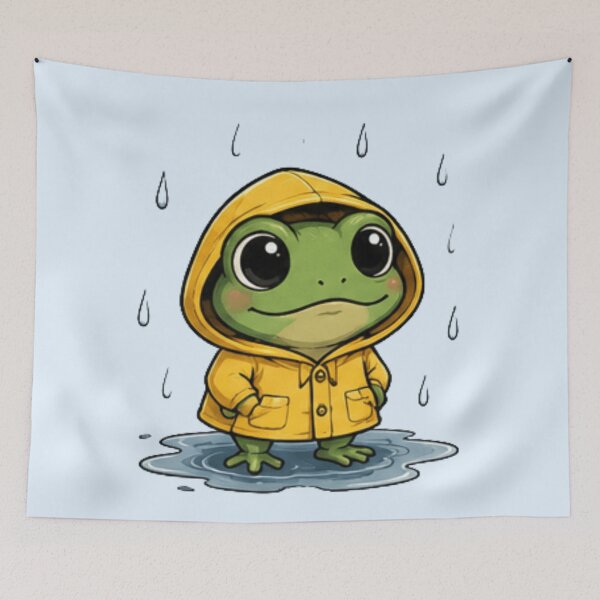 Item preview, Cute Frog in Yellow Raincoat Rainy Day Kawaii Cottagecore Art designed and sold by QCena.