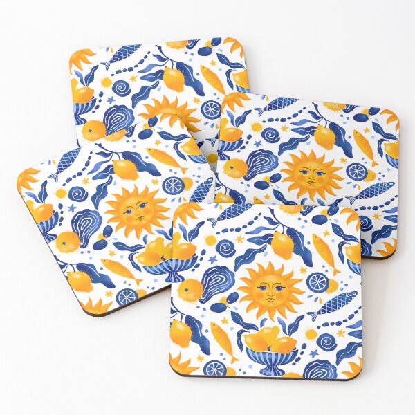 Item preview, Sicilian juicy citrus hand drawn seamless pattern with lemons, fish, seafood and sun designed and sold by NatalkaP.
