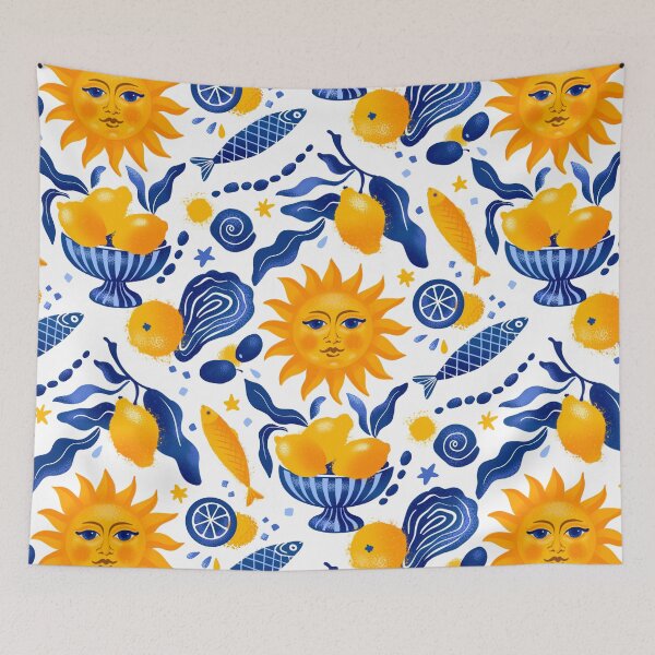Item preview, Sicilian juicy citrus hand drawn seamless pattern with lemons, fish, seafood and sun designed and sold by NatalkaP.