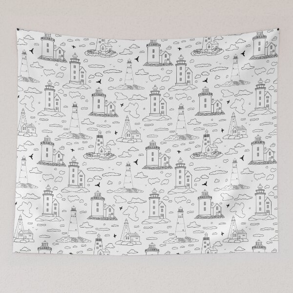 Item preview, Outline seamless pattern with lighthouses, clouds, and birds on white background designed and sold by essskina.