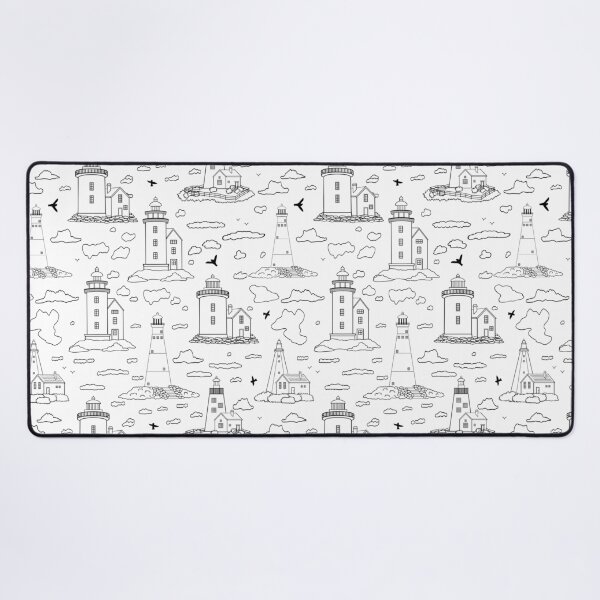 Item preview, Outline seamless pattern with lighthouses, clouds, and birds on white background designed and sold by essskina.