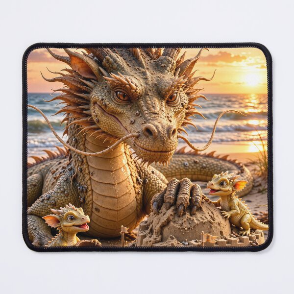 Item preview, Cute Baby Dragons Building a Sandcastle with Dragon Guardian – Beach Fantasy Art designed and sold by DrakariArt.