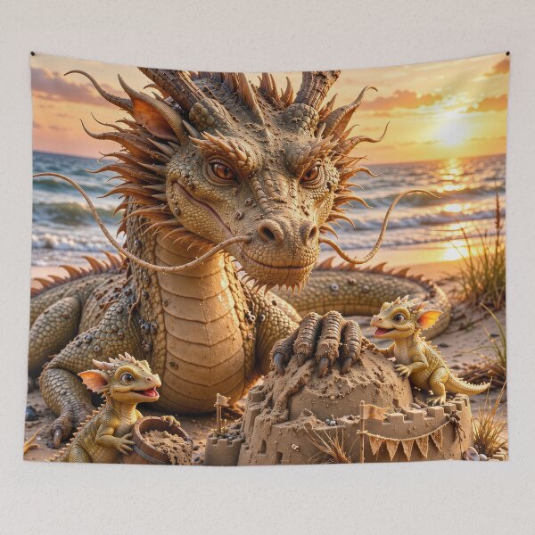 Item preview, Cute Baby Dragons Building a Sandcastle with Dragon Guardian – Beach Fantasy Art designed and sold by DrakariArt.
