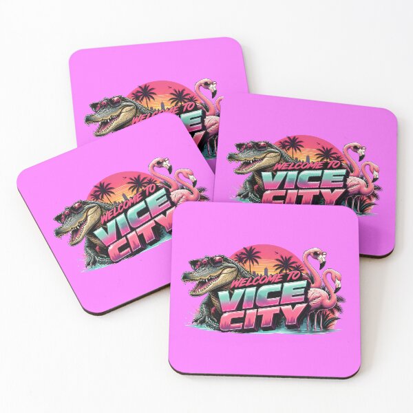 Item preview, Welcome to Vice City Neon Synthwave Crocodile & Flamingos Retro Art designed and sold by UrbaneVibeCo.