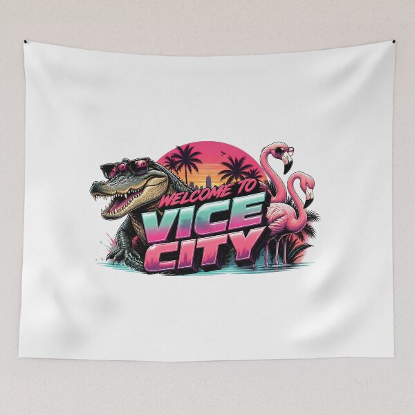 Item preview, Welcome to Vice City Neon Synthwave Crocodile & Flamingos Retro Art designed and sold by UrbaneVibeCo.