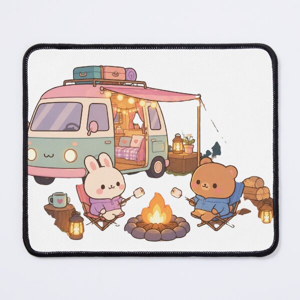 Item preview, the kawaii camper van with a campfire, bunny and bear roasting marshmallows. designed and sold by porchswings.