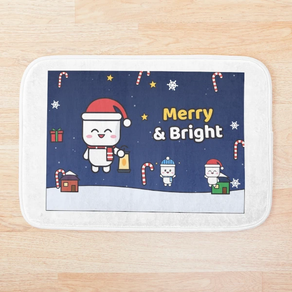 Pip's Christmas Village - Merry & Bright Cozy Holiday Marshmallow — Bath Mat by BiMood