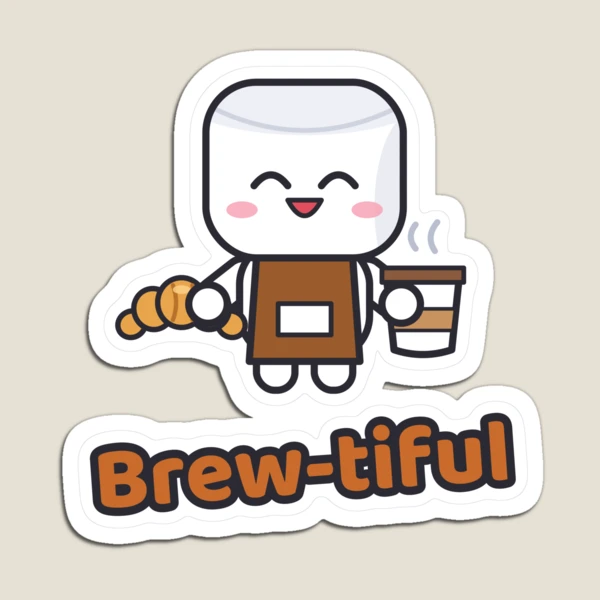 Pip's Café - Cute Barista Marshmallow with Latte and Croissant — Magnet by BiMood