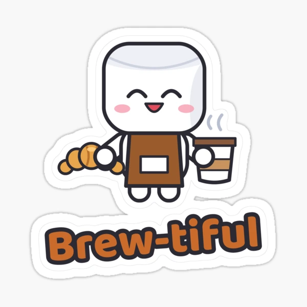 Pip's Café - Cute Barista Marshmallow with Latte and Croissant — Sticker by BiMood