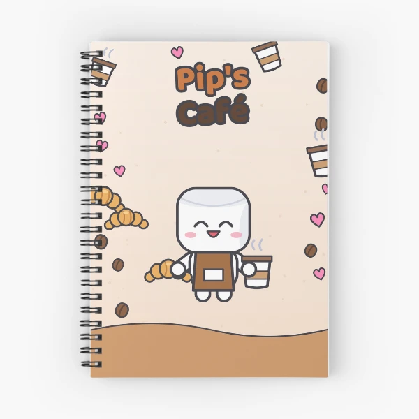 Pip's Café - Cute Barista Marshmallow with Latte and Croissant — Spiral Notebook by BiMood