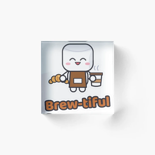 Pip's Café - Cute Barista Marshmallow with Latte and Croissant — Acrylic Block by BiMood