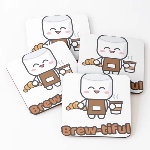 Pip's Café - Cute Barista Marshmallow with Latte and Croissant — Coasters (Set of 4) by BiMood
