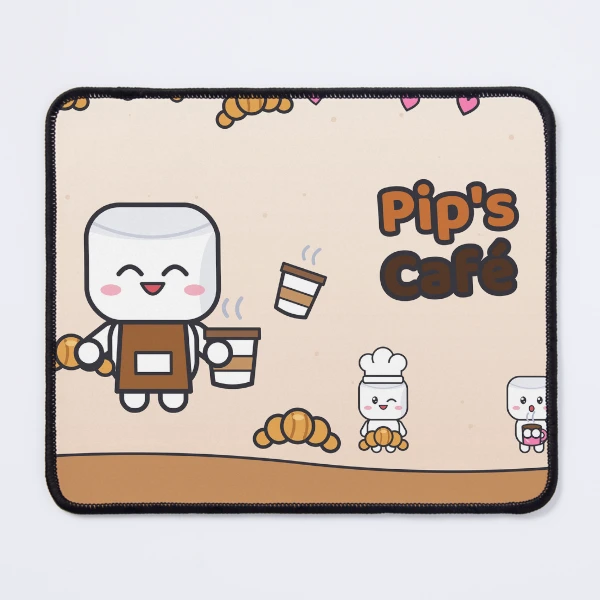 Pip's Café - Cute Barista Marshmallow with Latte and Croissant — Mouse Pad by BiMood