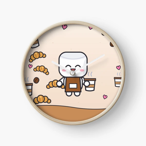 Pip's Café - Cute Barista Marshmallow with Latte and Croissant — Clock by BiMood