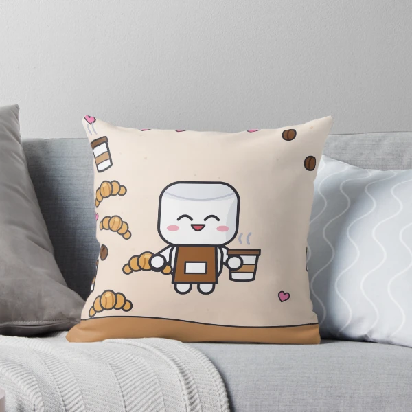 Pip's Café - Cute Barista Marshmallow with Latte and Croissant — Throw Pillow by BiMood