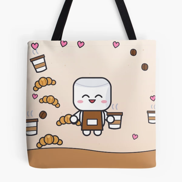 Pip's Café - Cute Barista Marshmallow with Latte and Croissant — All Over Print Tote Bag by BiMood