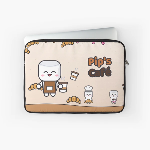 Pip's Café - Cute Barista Marshmallow with Latte and Croissant — Laptop Sleeve by BiMood