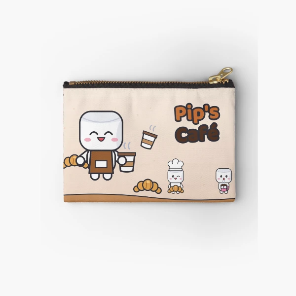 Pip's Café - Cute Barista Marshmallow with Latte and Croissant — Zipper Pouch by BiMood