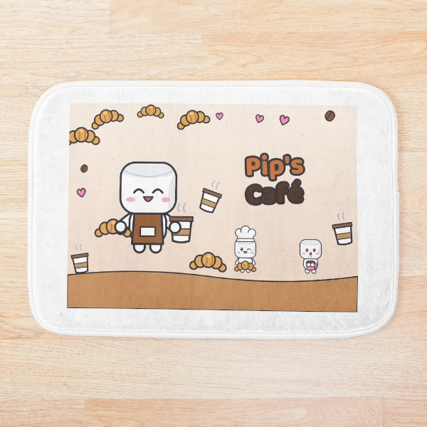 Pip's Café - Cute Barista Marshmallow with Latte and Croissant — Bath Mat by BiMood