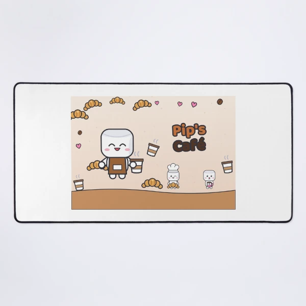 Pip's Café - Cute Barista Marshmallow with Latte and Croissant — Mouse Pad by BiMood