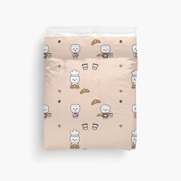 Pip's Café - Cute Barista Marshmallow with Latte and Croissant — Duvet Cover by BiMood