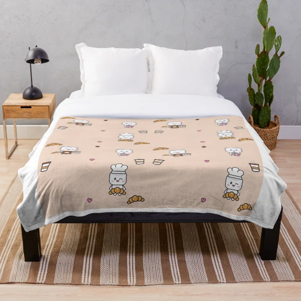 Pip's Café - Cute Barista Marshmallow with Latte and Croissant — Throw Blanket by BiMood