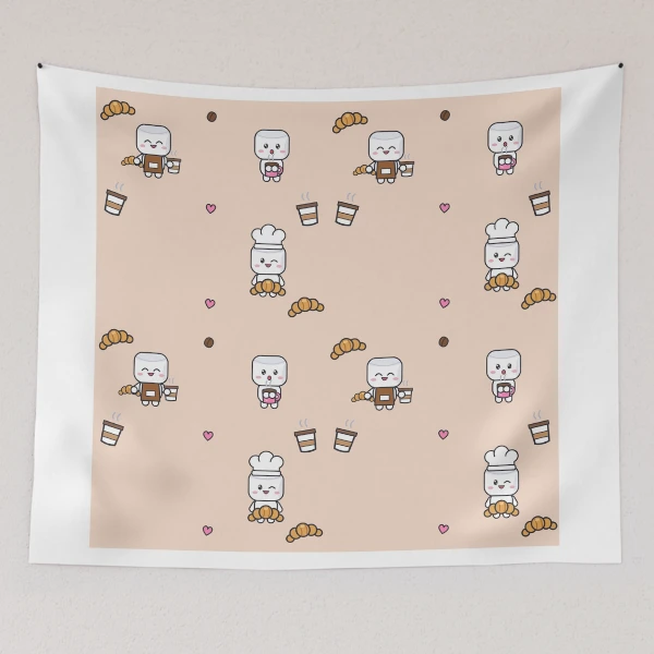 Pip's Café - Cute Barista Marshmallow with Latte and Croissant — Tapestry by BiMood