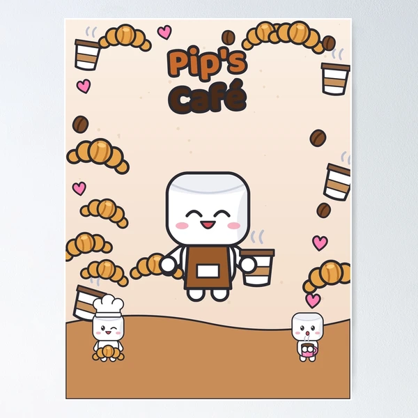 Pip's Café - Cute Barista Marshmallow with Latte and Croissant — Poster by BiMood