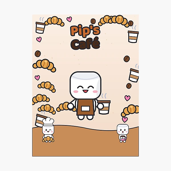 Pip's Café - Cute Barista Marshmallow with Latte and Croissant — Photographic Print by BiMood
