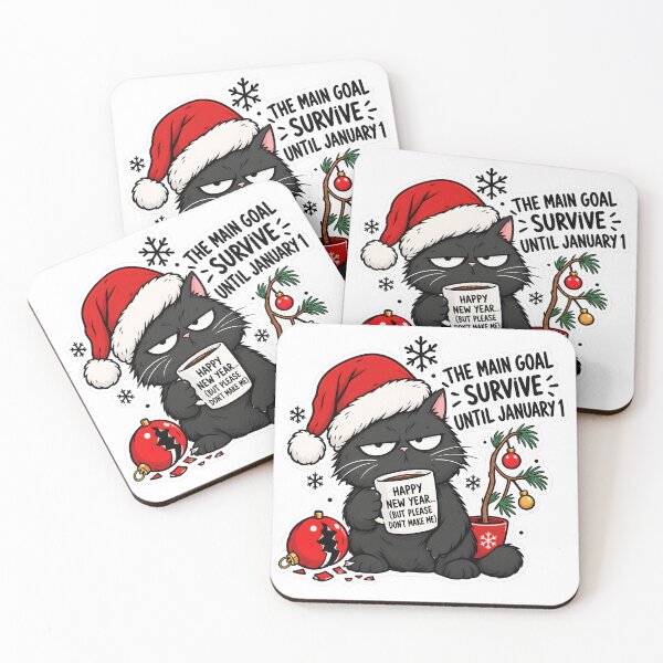 Item preview, Grumpy Black Cat Christmas Sticker with Santa Hat, Funny New Year Survival Quote, Transparent Background designed and sold by DoveArtDesigns.