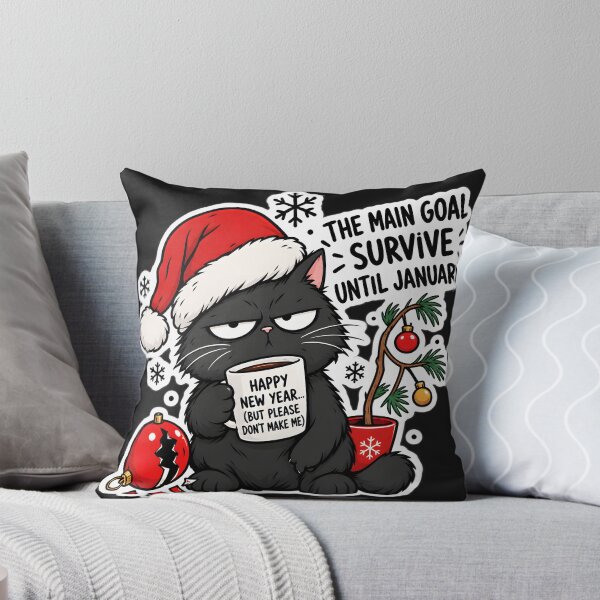 Item preview, Grumpy Black Cat Christmas Sticker with Santa Hat, Funny New Year Survival Quote, Transparent Background designed and sold by DoveArtDesigns.