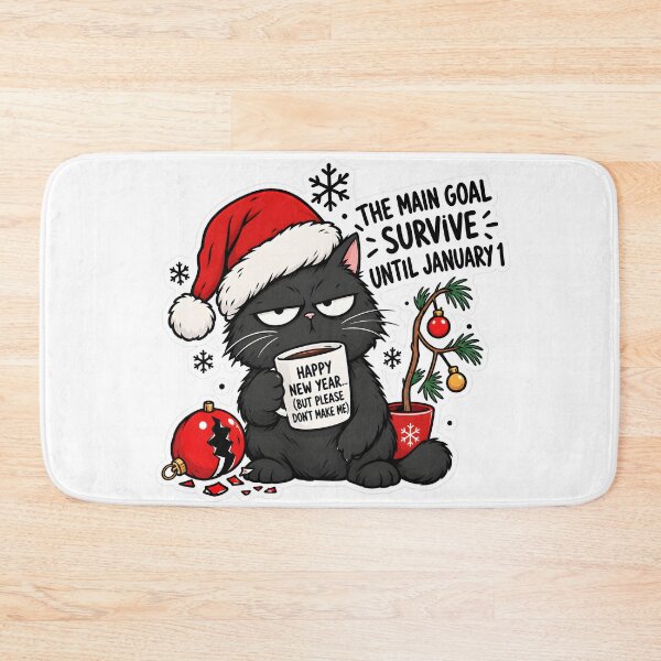 Item preview, Grumpy Black Cat Christmas Sticker with Santa Hat, Funny New Year Survival Quote, Transparent Background designed and sold by DoveArtDesigns.