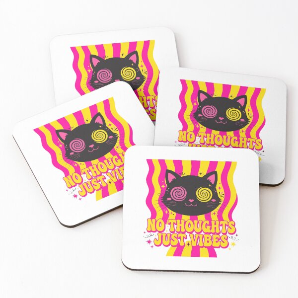 Item preview, No Thoughts Just Vibes Cat - dopamine funhouse style, hot pink / yellow wavy stripes, trippy swirl eyes designed and sold by HexAndHearth.