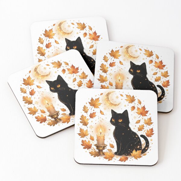 Item preview, Black Cat by Candlelight | Cozy Golden Witchy Cat Art designed and sold by HexAndHearth.