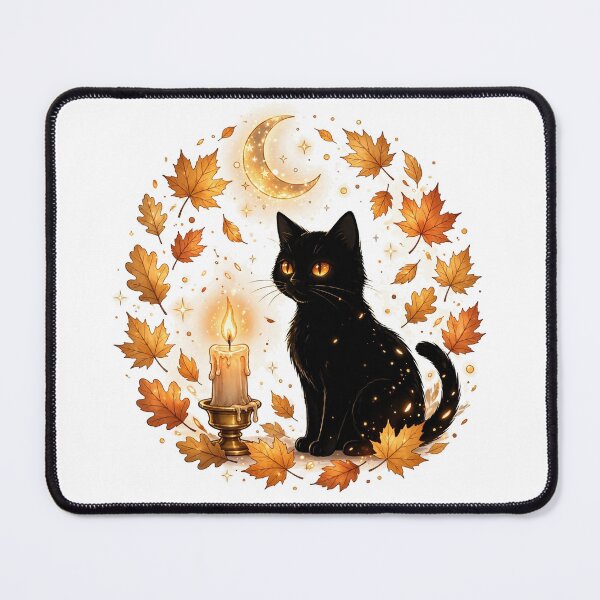 Item preview, Black Cat by Candlelight | Cozy Golden Witchy Cat Art designed and sold by HexAndHearth.